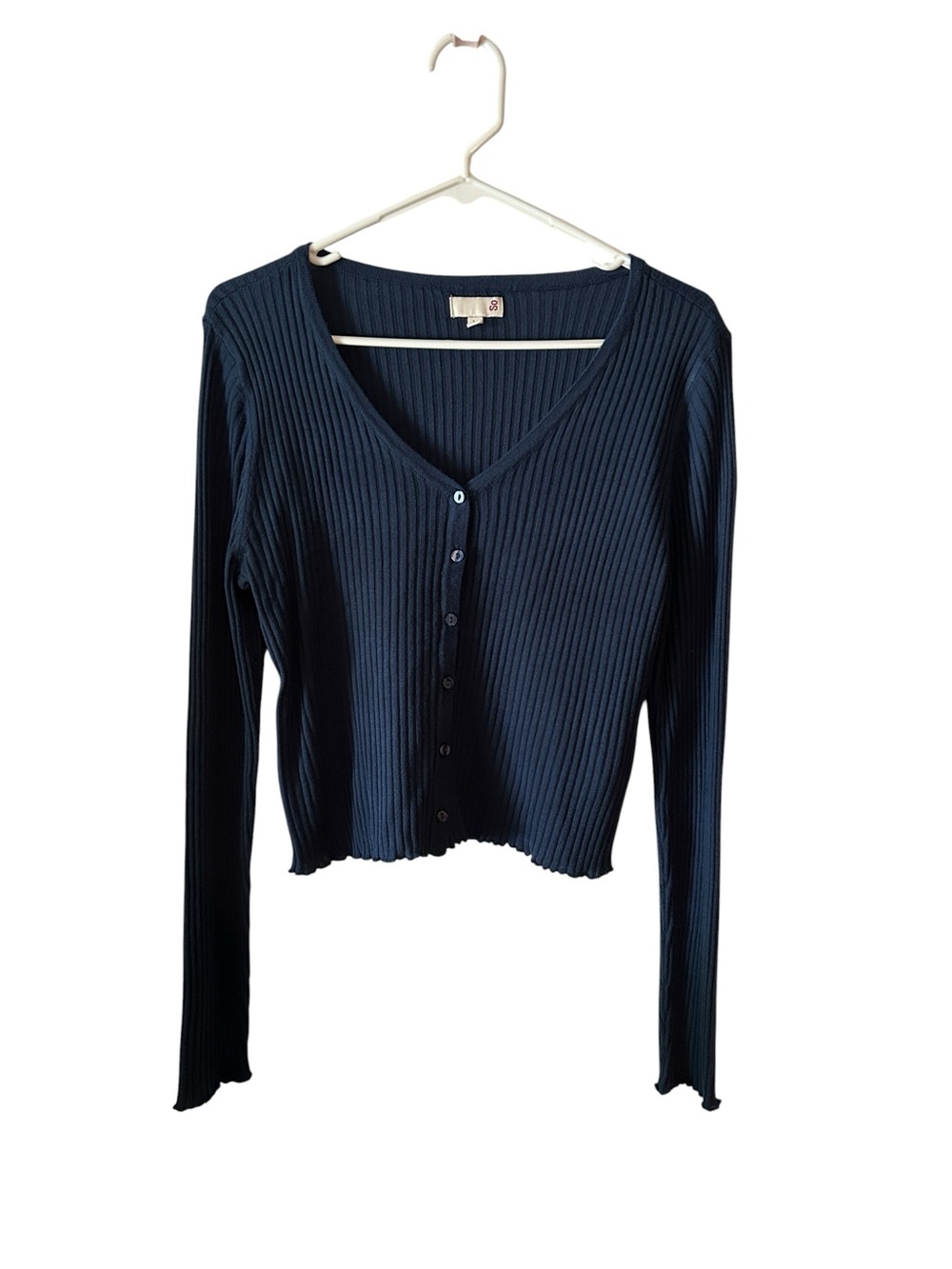 SO Navy Ribbed V-Neck Button-Front Long Sleeve Top large